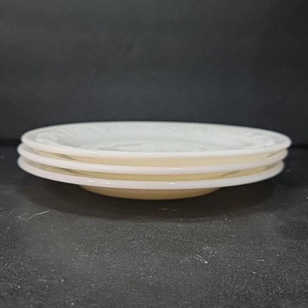 Hazel Atlas Milk Glass Salad‎ Plates, Set of 3, Vintage Floral Embossed Dishes